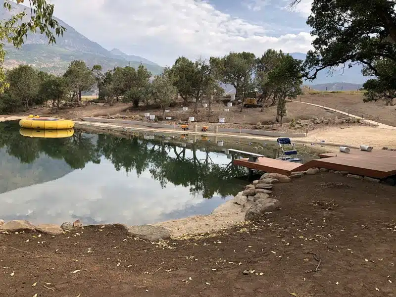 beautiful pond with deck and pond trampoline